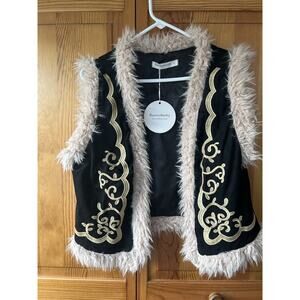 Rusttydustty Black and Gold Vest with Faux Fur Trim Size L
